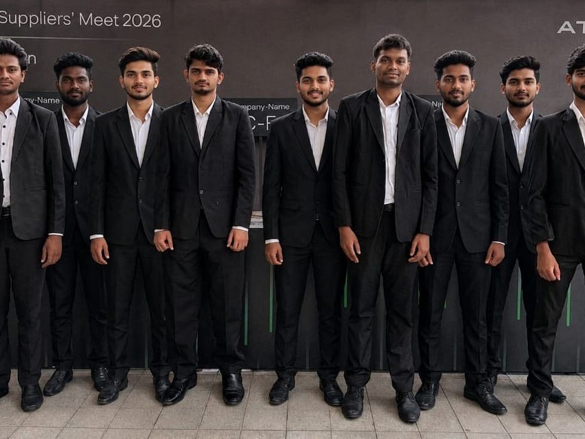 EventEdge registration crew in black suits at a suppliers' meet name-badge counter